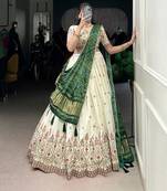 Off White Khadi Cotton Sequins Mirror Embroidered Lehenga Choli with Green Dupatta