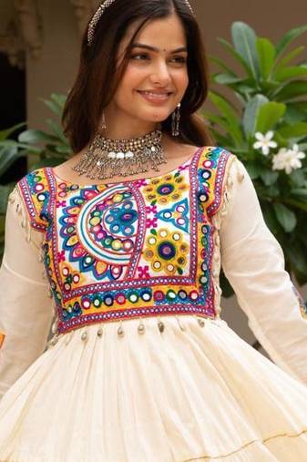 Off white kora cotton multi thread embroidered & gota patti work traditional gown