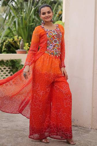 Orange georgette bandhani print kutchi gamthi work kurta with trouser