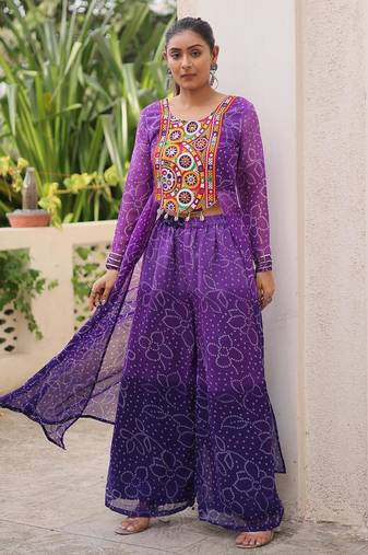 Purple georgette bandhani print kutchi gamthi work kurta with trouser