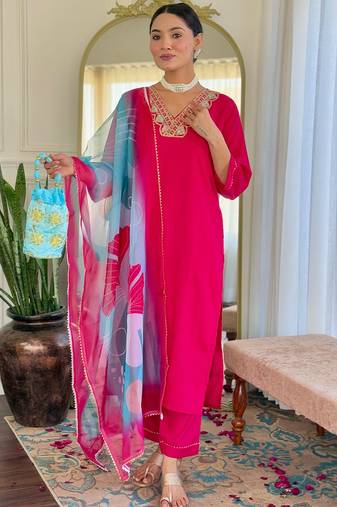 Rani pink rayon slub heavy thread embroidery work with printed dupatta kurta pant set