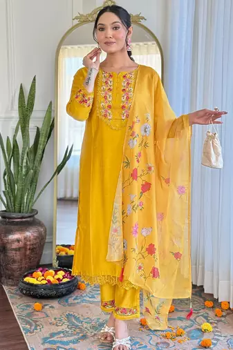 Mustard gadhwal silk heavy thread embroidery work with printed dupatta kurta pant set