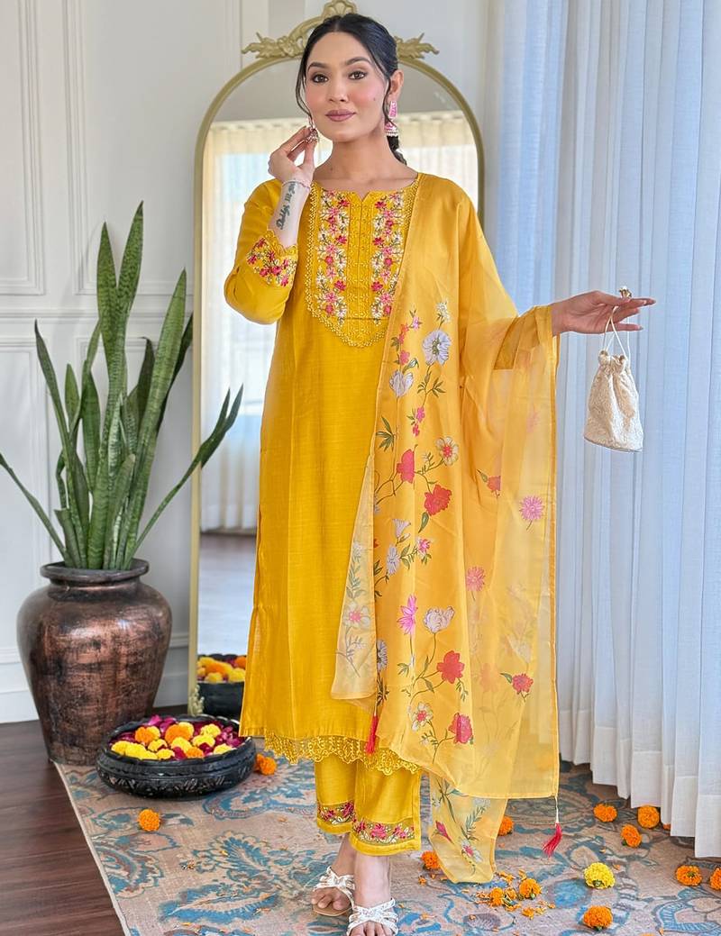 Mustard gadhwal silk heavy thread embroidery work with printed dupatta kurta pant set