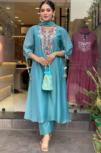 Aqua blue chanderi silk heavy thread embroidery work kurta pant set