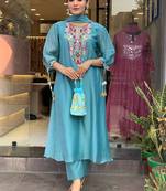 Aqua blue chanderi silk heavy thread embroidery work kurta pant set