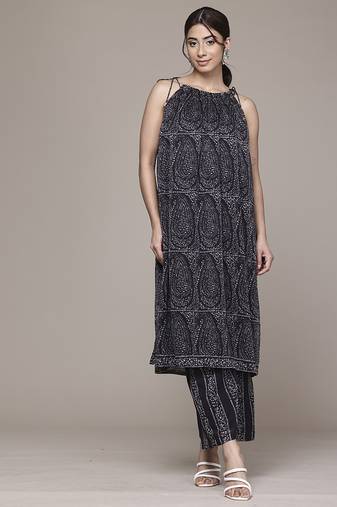 Black woven polyester kurta set