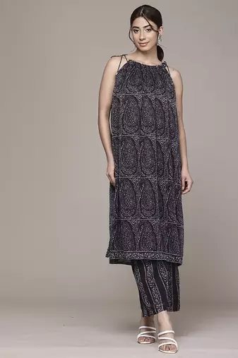 Black woven polyester kurta set