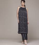 Black woven polyester kurta set