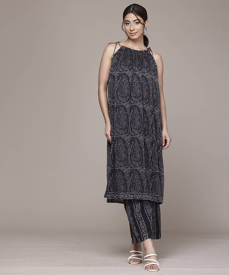 Black woven polyester kurta set
