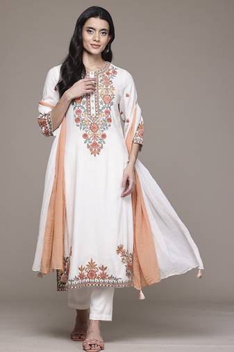 Off white woven cotton kurta set