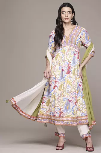 Off white woven cotton kurta set