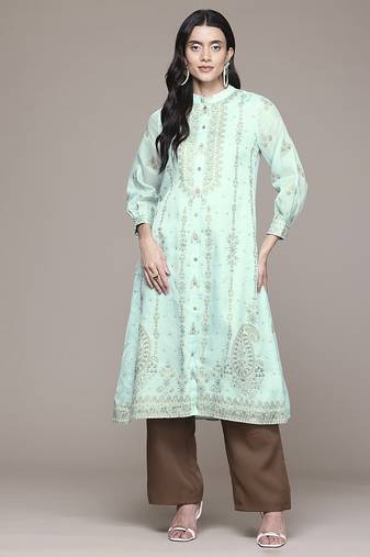 Green polyester woven long kurta
