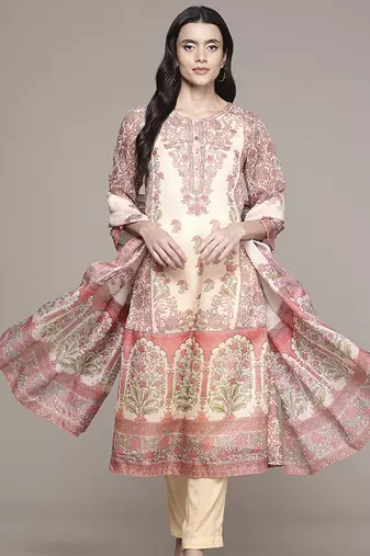 Beige woven polyester kurta set