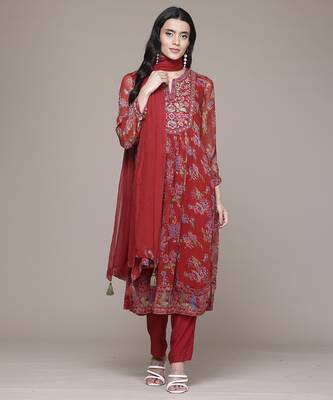 Red woven polyester kurta set 1