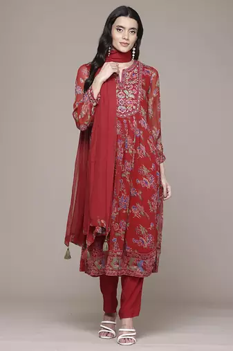 Red woven polyester kurta set