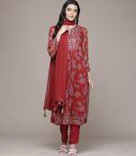 Red woven polyester kurta set