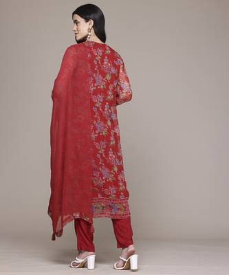 Red woven polyester kurta set 4