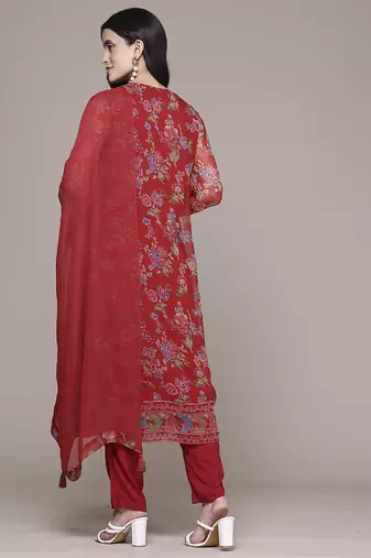 Red woven polyester kurta set