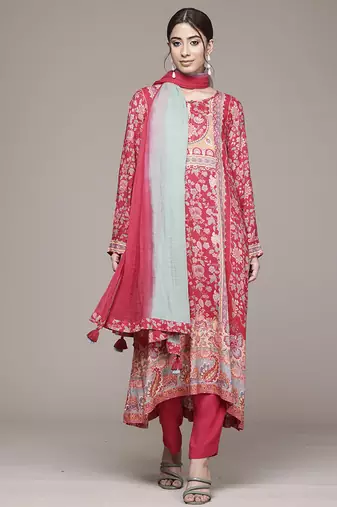 Red woven viscose kurta set