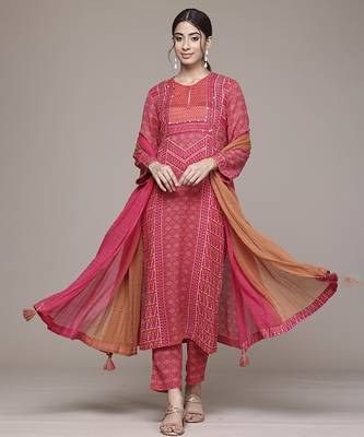 Pink woven cotton kurta set 1