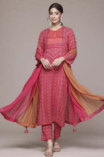 Pink woven cotton kurta set
