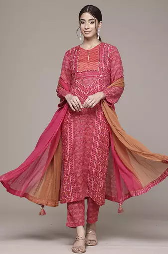 Pink woven cotton kurta set
