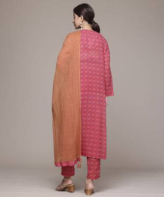 Pink woven cotton kurta set 2