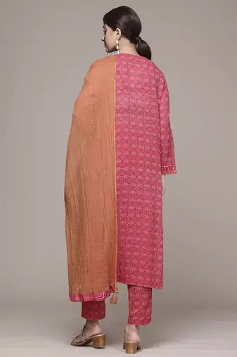 Pink woven cotton kurta set