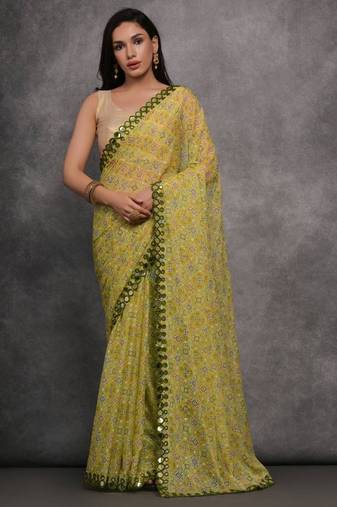 Women's Mehendi Chiffon Mirror Work Designer Saree with Blouse