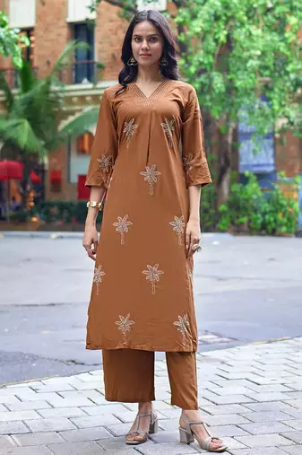 Floral Embroidered V-Neck Thread Work Straight Kurta With Palazzos