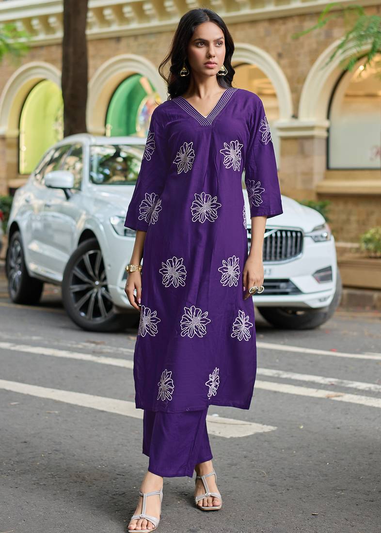 Floral Embroidered V-Neck Thread Work Straight Kurta With Palazzos