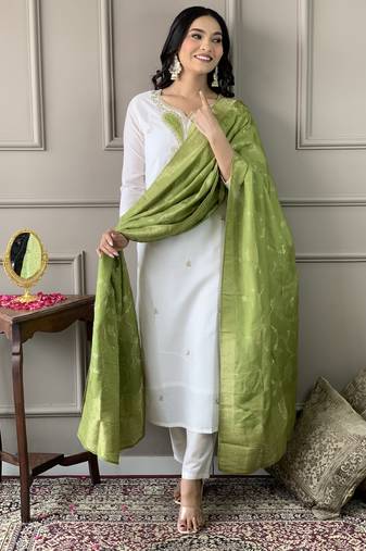 Off White viscose blend Embroidered Straight KurtI BOTTOM DUPATTA SET