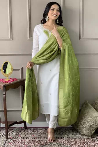Off White viscose blend Embroidered Straight KurtI BOTTOM DUPATTA SET