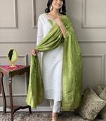 Off White viscose blend Embroidered Straight KurtI BOTTOM DUPATTA SET