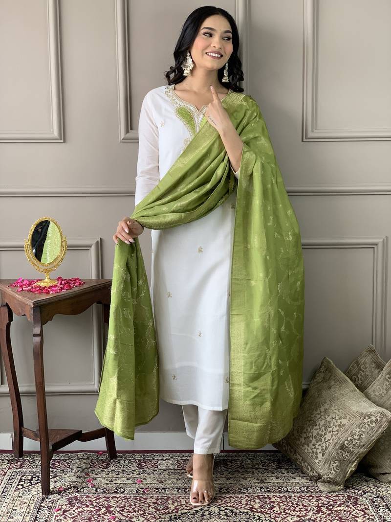 Off White viscose blend Embroidered Straight KurtI BOTTOM DUPATTA SET