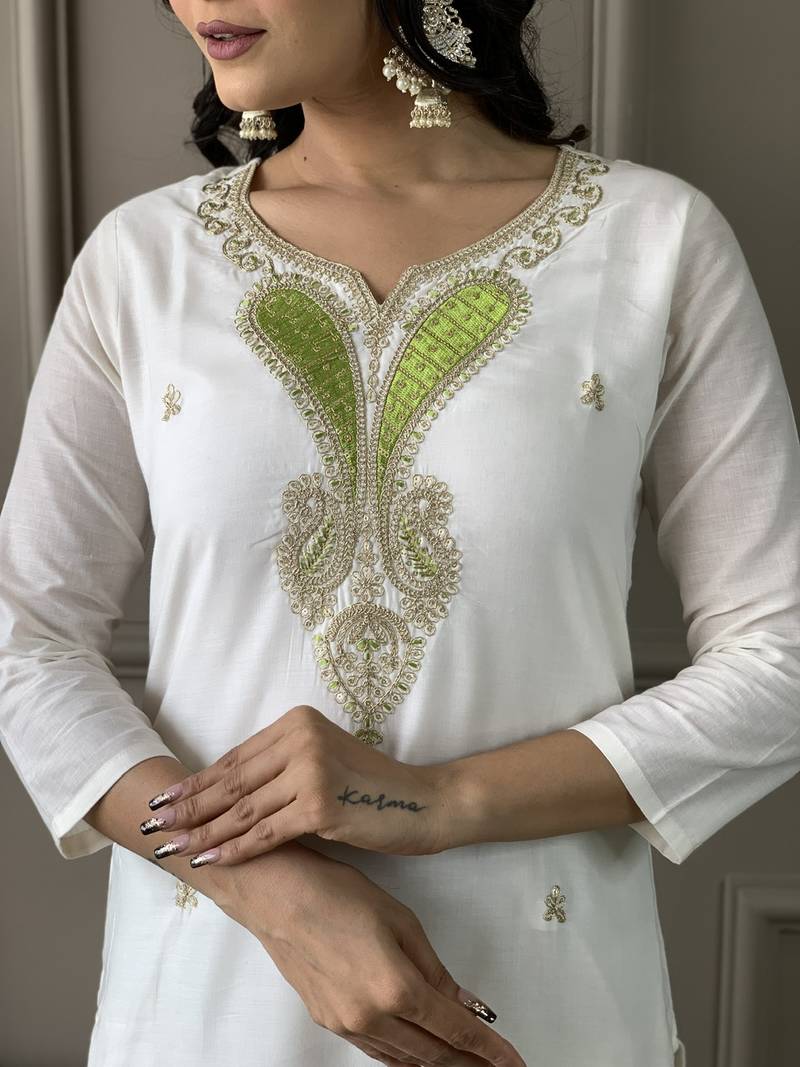 Off White viscose blend Embroidered Straight KurtI BOTTOM DUPATTA SET