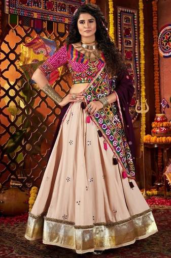 Navratri Special Kutchi Mirror Work Beige Lehenga Choli In Viscose Cotton