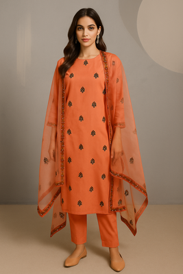 Orange hand block print kurta & dupatta 1
