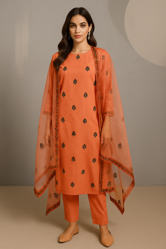 Orange hand block print kurta & dupatta