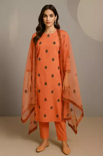 Orange hand block print kurta & dupatta