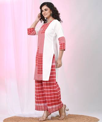 Women's white cotton straight kurta with red checkered patchwork design 2