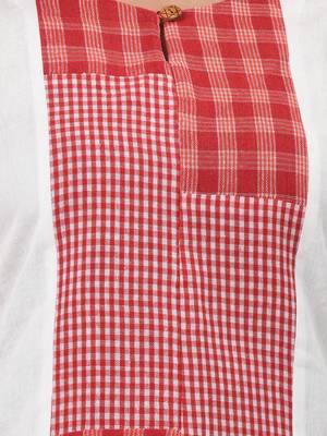 Women's white cotton straight kurta with red checkered patchwork design 4