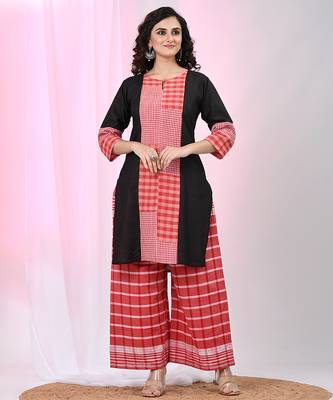 Women's black cotton straight kurta with red checkered patchwork detailing 1