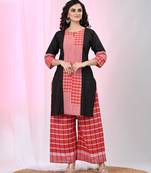 Women's black cotton straight kurta with red checkered patchwork detailing