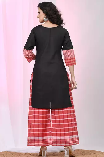 Women's black cotton straight kurta with red checkered patchwork detailing