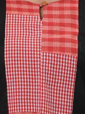Women's black cotton straight kurta with red checkered patchwork detailing 4