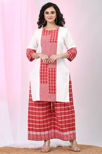 Women's white & red cotton checkered kurta set with palazzos