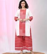 Women's white & red cotton checkered kurta set with palazzos