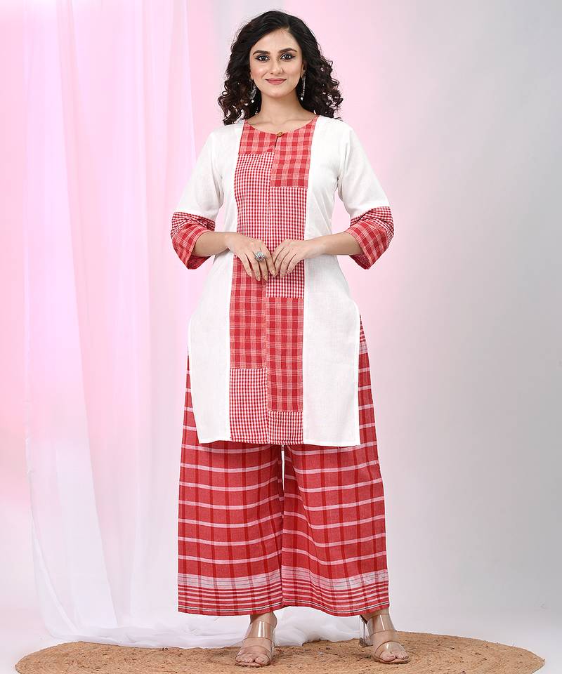 Women's white & red cotton checkered kurta set with palazzos
