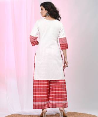 Women's white & red cotton checkered kurta set with palazzos 3